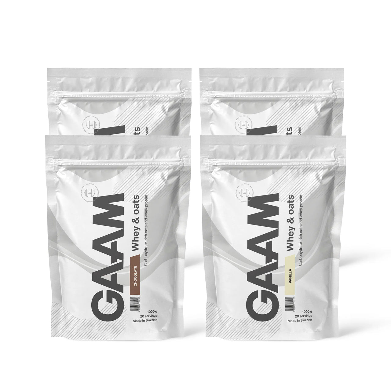 4 x GAAM Whey & Oats 1 kg -proteiinijauhe neljässä valkoisessa pussissa, kaksi suklaan- ja kaksi vaniljanmakuista.