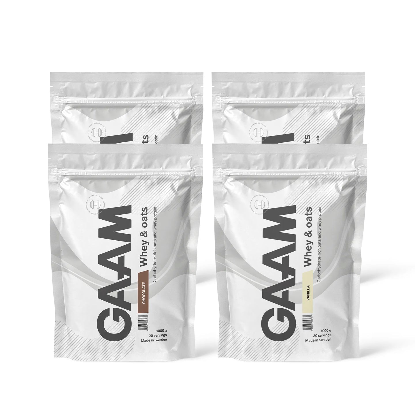 4 x GAAM Whey & Oats 1 kg -proteiinijauhe neljässä valkoisessa pussissa, kaksi suklaan- ja kaksi vaniljanmakuista.