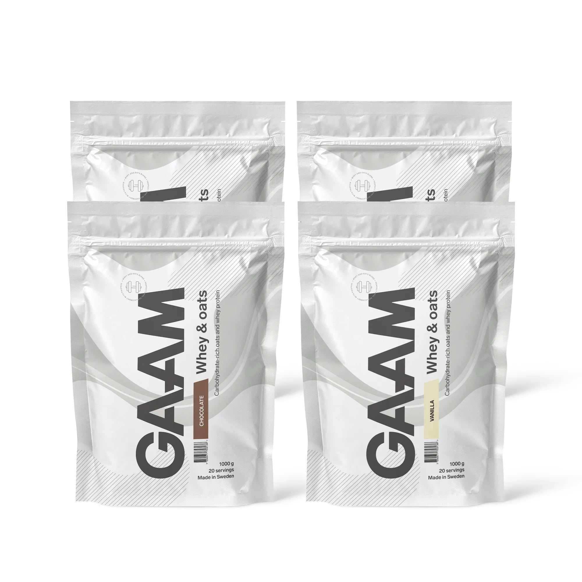 4 x GAAM Whey & Oats 1 kg -proteiinijauhe neljässä valkoisessa pussissa, kaksi suklaan- ja kaksi vaniljanmakuista.