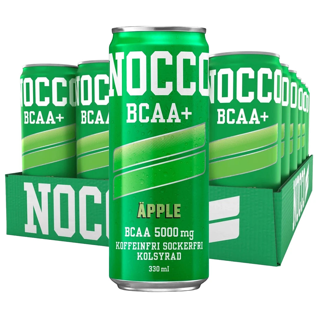 24 x NOCCO BCAA + 330 ml Äpple (Koffeinfri) vihreässä laatikossa, jossa on vihreitä tölkkejä valkoisella tekstillä.