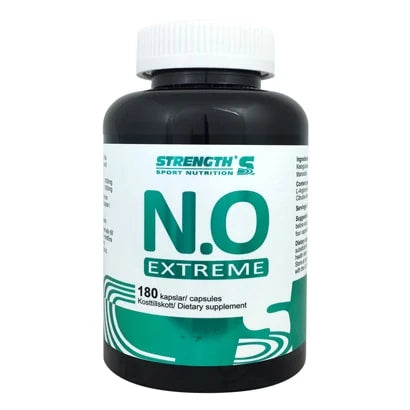 Musta muovipurkki, jossa on Strength N.O Extreme 180 caps -suorituskyvyn tehostajaa ja vihreävalkoinen etiketti.