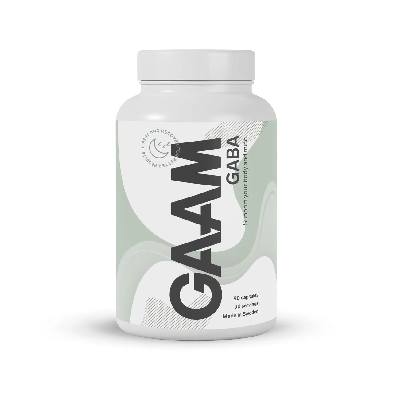 GAAM GABA 90 caps -ravintolisä lepoon ja palautumiseen valkoisessa purkissa vaaleanvihreällä ja harmaalla etiketillä.