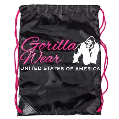 Musta Gorilla Wear GW Drawstring Bag Black Red -kuntosalipussi punaisilla nyöreillä, logolla ja vahvistetuilla kulmilla.