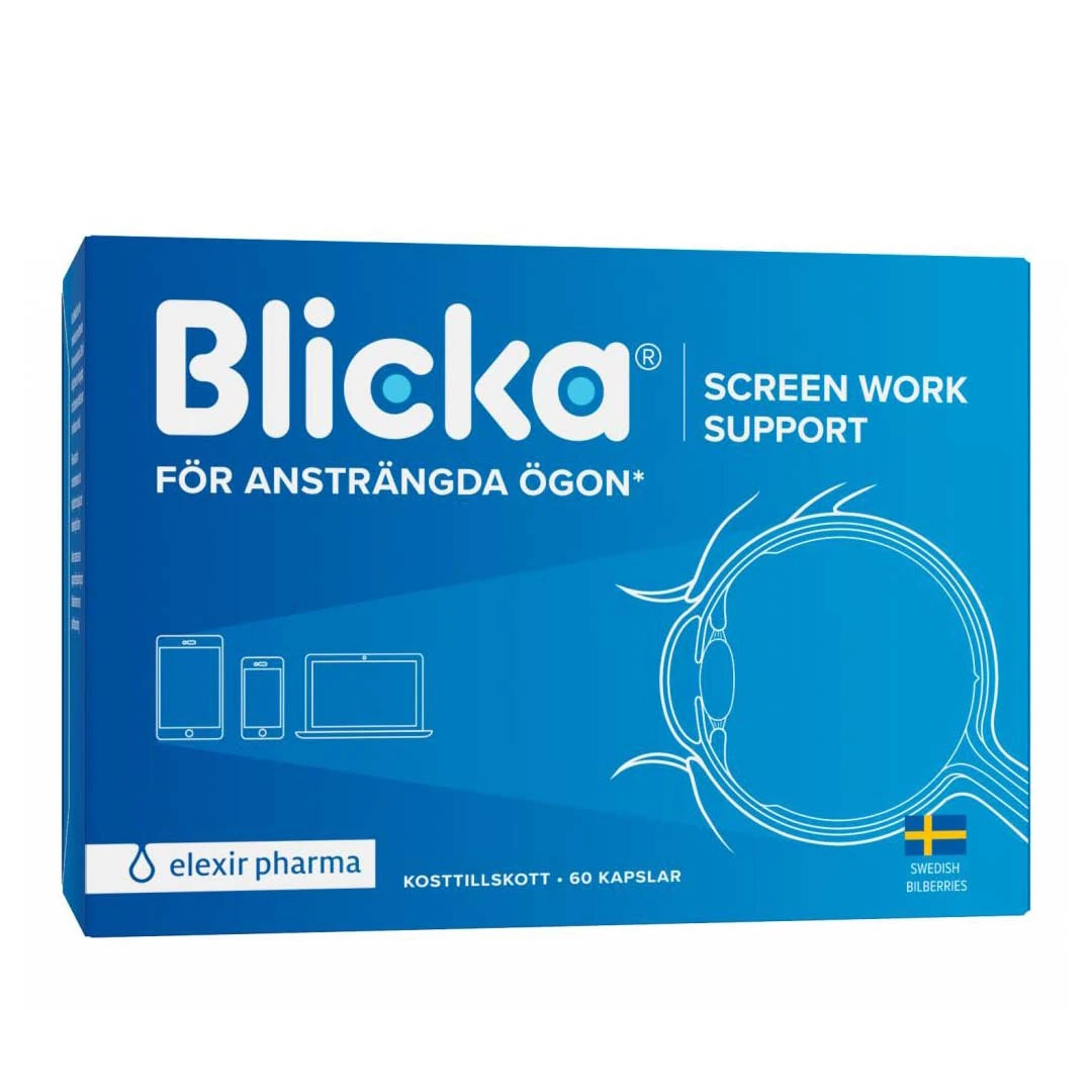 Elexir Pharma Blicka 60 caps sinisessä rasiassa, suunniteltu lievittämään väsyneitä ja rasittuneita silmiä.