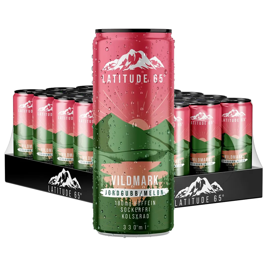 24 x Latitude 65 330 ml Vildmark - Mansikka & Meloni mustalla lavalla, jossa on vaaleanpunaisia ja vihreitä tölkkejä.