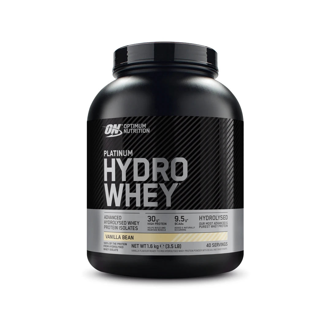 Optimum Nutrition Platinum Hydro Whey 1.6 kg -proteiinijauhe mustassa ja hopeisessa purkissa, makuna Vanilla Bean., kuva 3/3