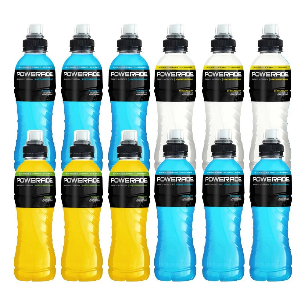 12 x Powerade 500 ml Mixflak, 12 muovista urheilupulloa sinisenä, valkoisena, keltaisena ja vaaleansinisenä.