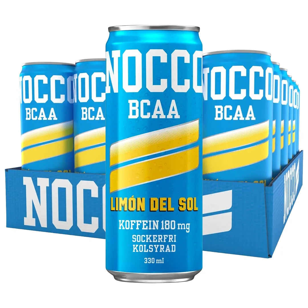 24 x NOCCO BCAA 330 ml Limon del Sol sinisessä laatikossa, jossa on vaaleansinisiä ja keltaisia tölkkejä.