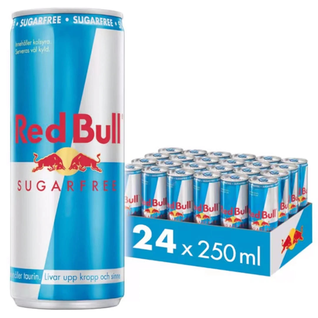 24 x Red Bull energiajuoma 250 ml sokeriton laatikossa, jossa on vaaleansinisiä ja hopeisia tölkkejä punaisella tekstillä.