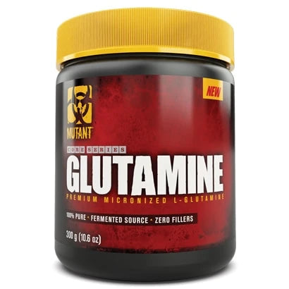 Mutant Nutrition Glutamine 300 g -aminohappojauhe mustassa purkissa, jossa on punainen etiketti ja keltainen kansi.
