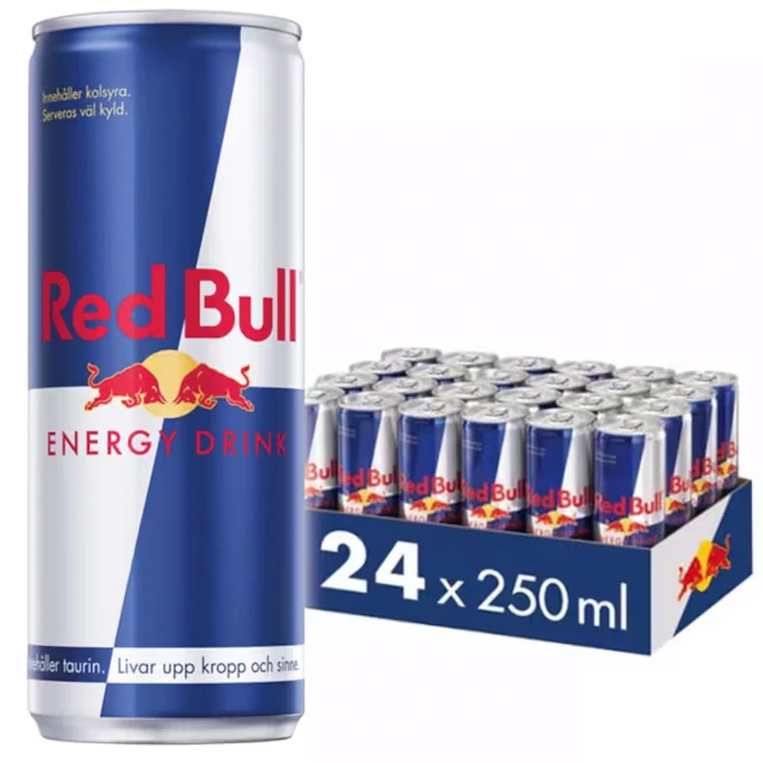 24 x Red Bull Energiajuoma 250 ml Original klassisessa sinisessä ja hopeisessa laatikossa tölkkeineen.