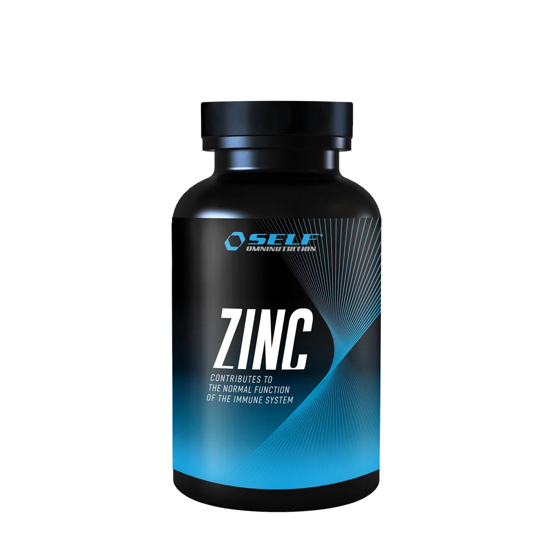Self Omninutrition Zinc 100 caps -sinkkilisä tyylikkäässä mustassa purkissa sinisillä yksityiskohdilla.