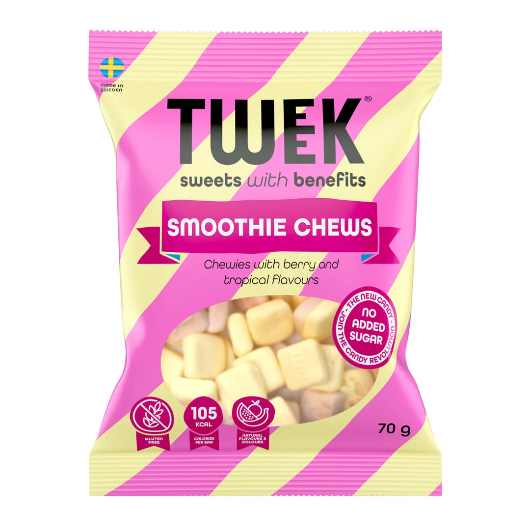 Tweek Sweets 70 g -makeisia vaaleanpunaisessa ja keltaraidallisessa pussissa, makuna Smoothie Chews., kuva 5/5