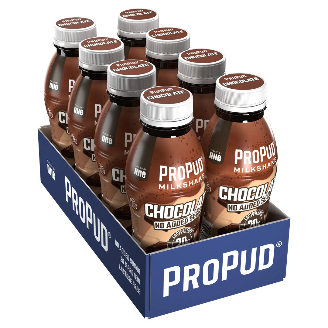 8 x NJIE ProPud Protein Milkshake 330 ml Chocolate sinisessä pakkauksessa ruskeiden pullojen kanssa, makuna suklaa.