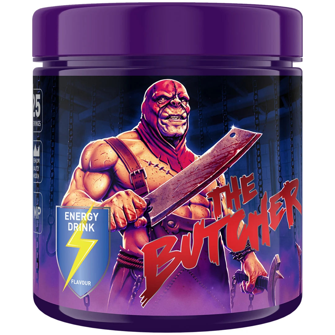 Swedish Supplements The Butcher 425 g PWO-jauhe violetissa purkissa kuvitetulla teemalla, makuna Energy Drink., kuva 2/5