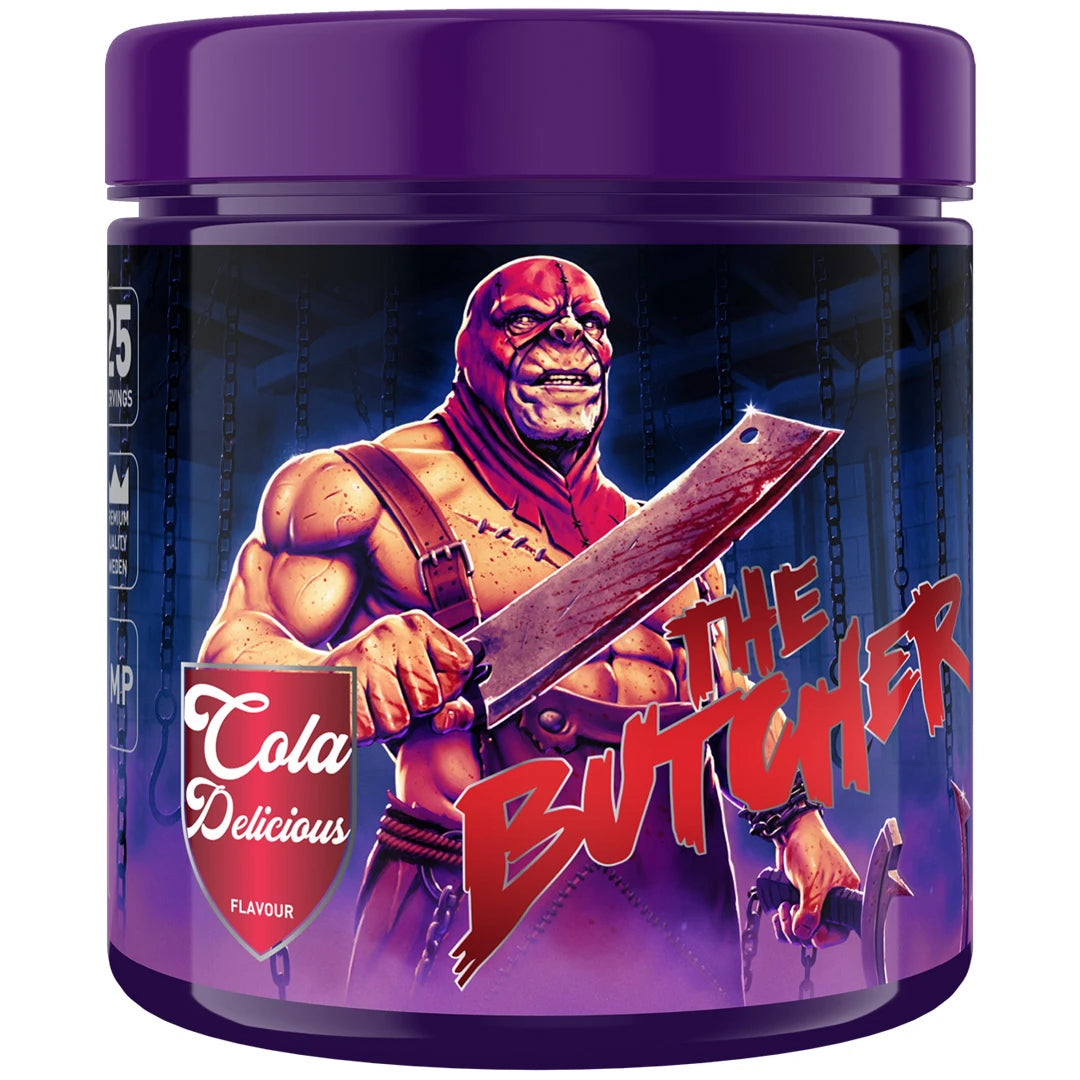Swedish Supplements The Butcher 425 g PWO-jauhe violetissa purkissa teurastajan kuvalla, makuna Cola Delicious., kuva 3/5