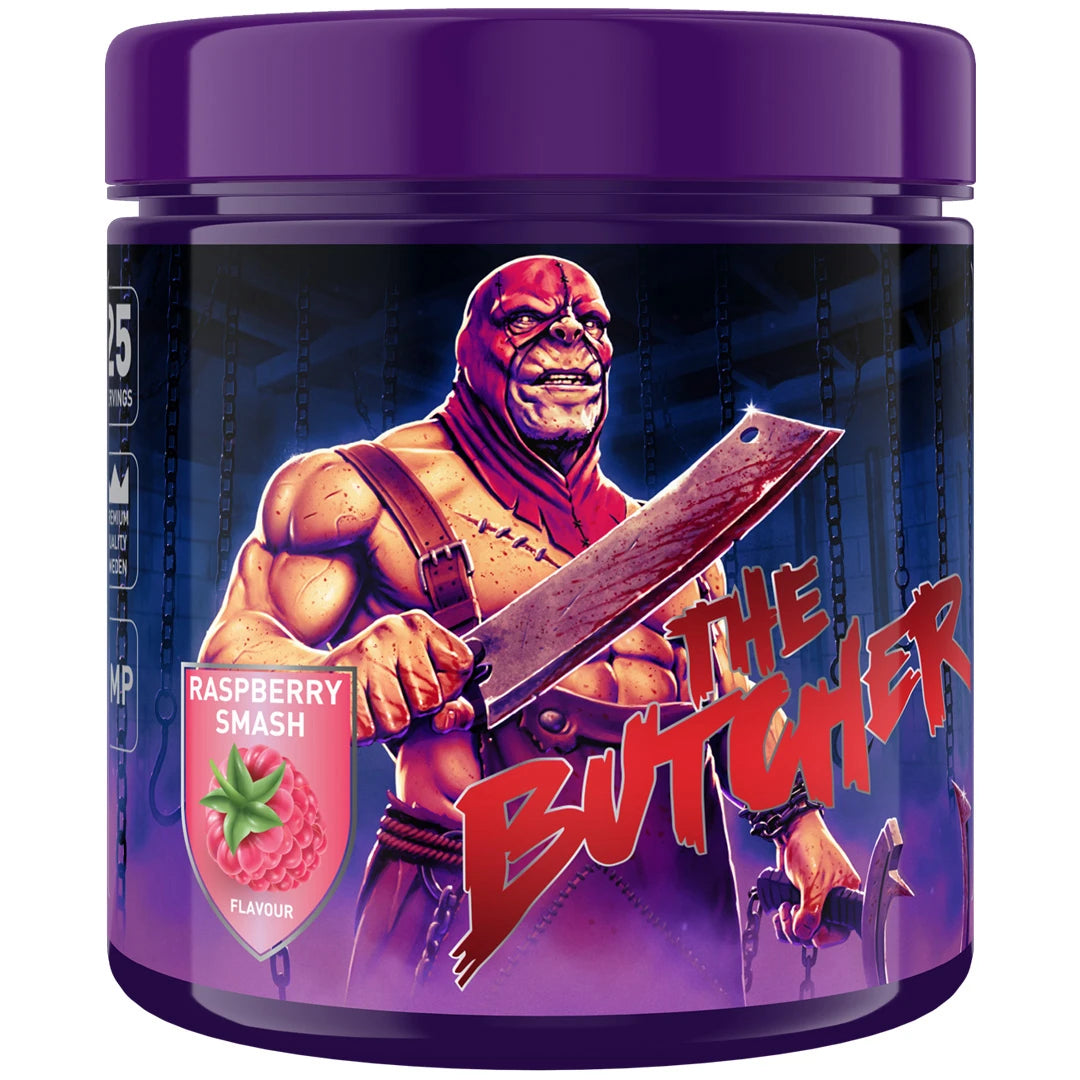 Swedish Supplements The Butcher 425 g -PWO-jauhe lilassa purkissa tummalla etiketillä, makuna Raspberry Smash., kuva 4/5