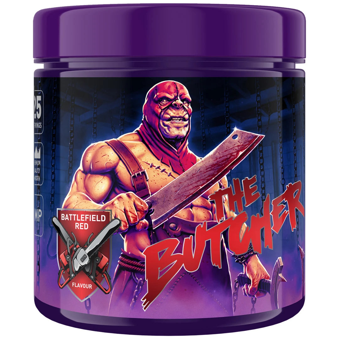 Swedish Supplements The Butcher 425 g -pre-workout violetissa purkissa lihaksikkaalla hahmolla, makuna Battlefield Red.