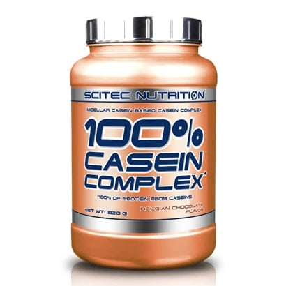 Scitec Nutrition 100% Casein Complex 2.35 kg -kaseiini makuna Belgian chocolate, oranssissa purkissa hopeakannella.