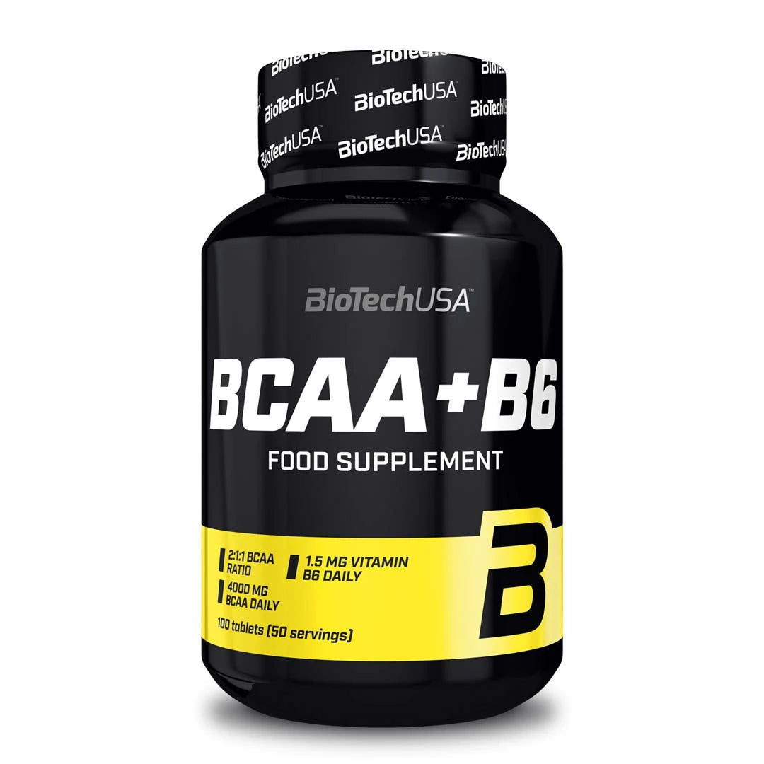 BioTechUSA BCAA+ B6 340 caps -aminohapot mustassa purkissa, jossa on valkoinen teksti ja keltaisia yksityiskohtia.