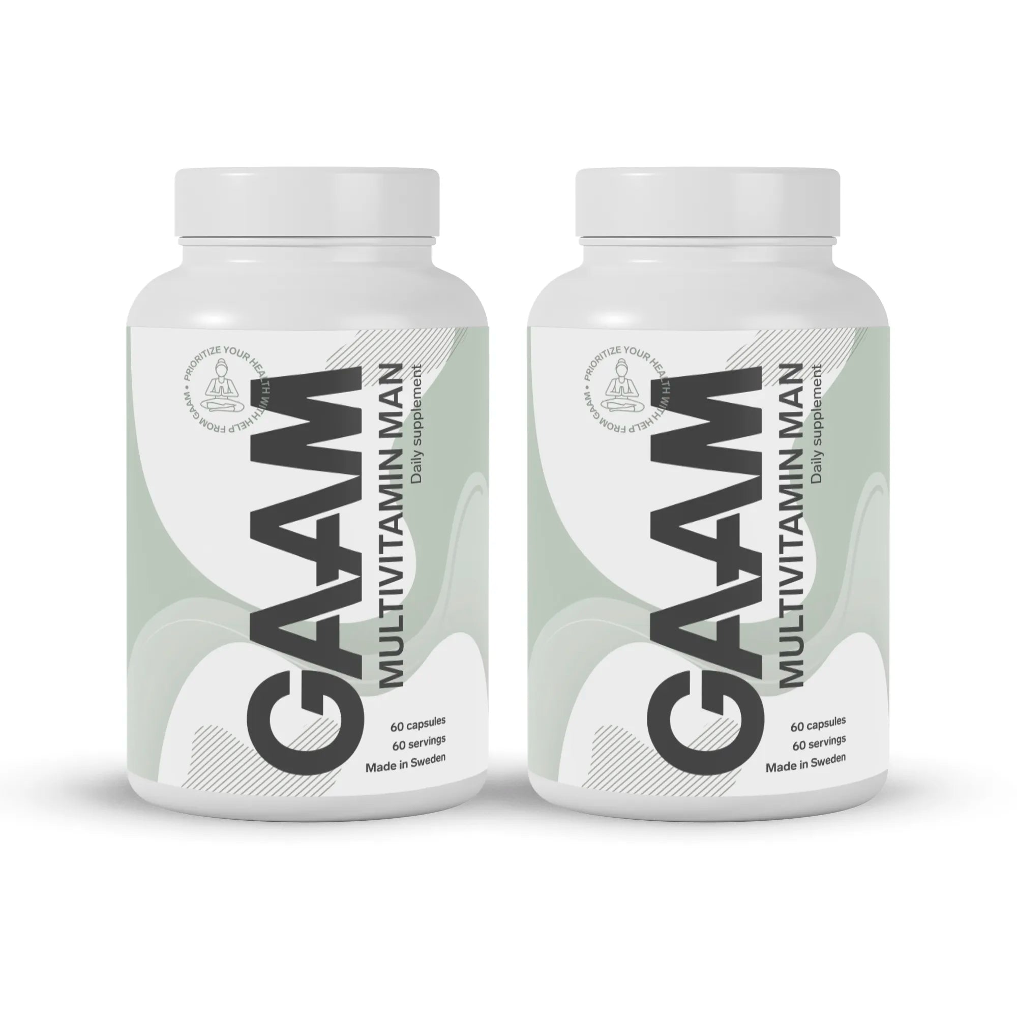 2 x GAAM Multivitamin Man 60 caps kahdessa valkoisessa purkissa, joiden etiketissä on harmaita ja vaaleanvihreitä yksityiskohtia.