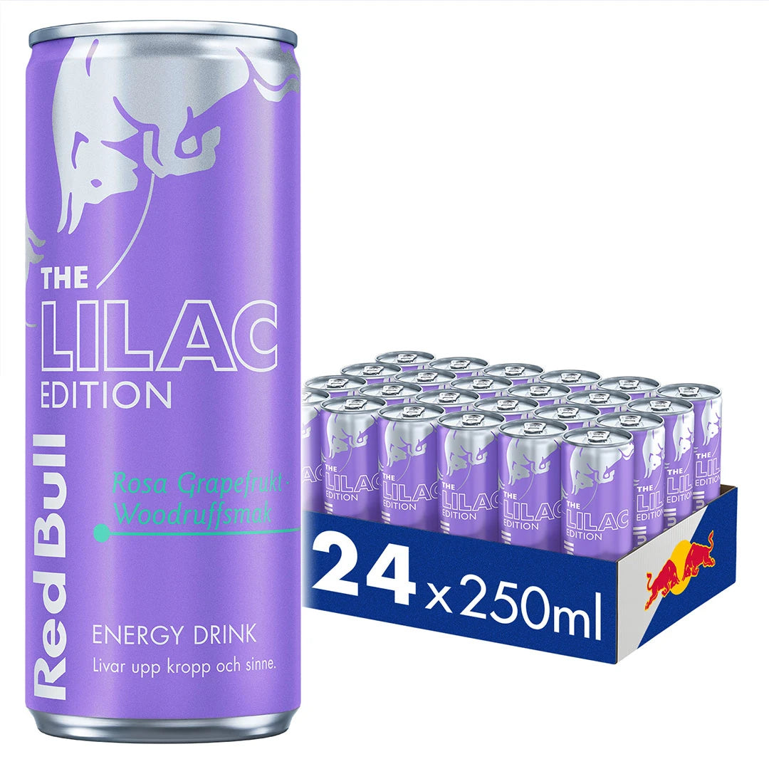 24 x Red Bull Energiajuoma 250 ml Lilac Edition Pink Grapefruit sinisessä laatikossa liilojen tölkkien kanssa.