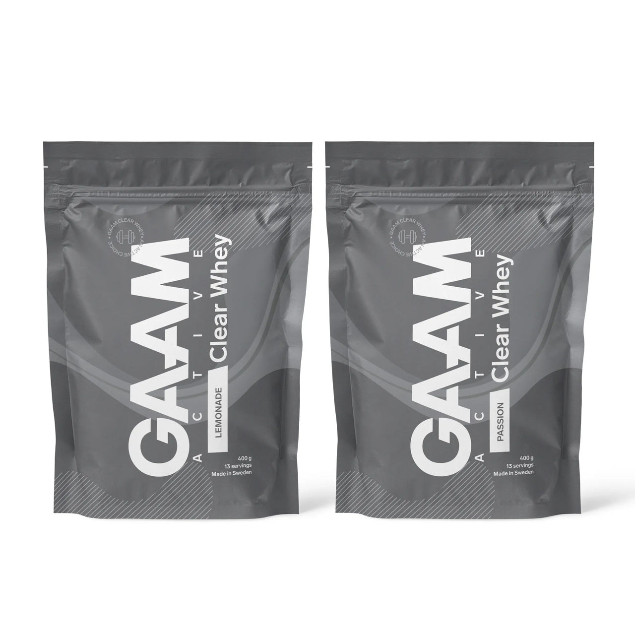 2 x GAAM Active Clear Whey proteiinijauhe 400 g kahdessa tummanharmaassa pussissa mauissa Lemonade ja Passion.