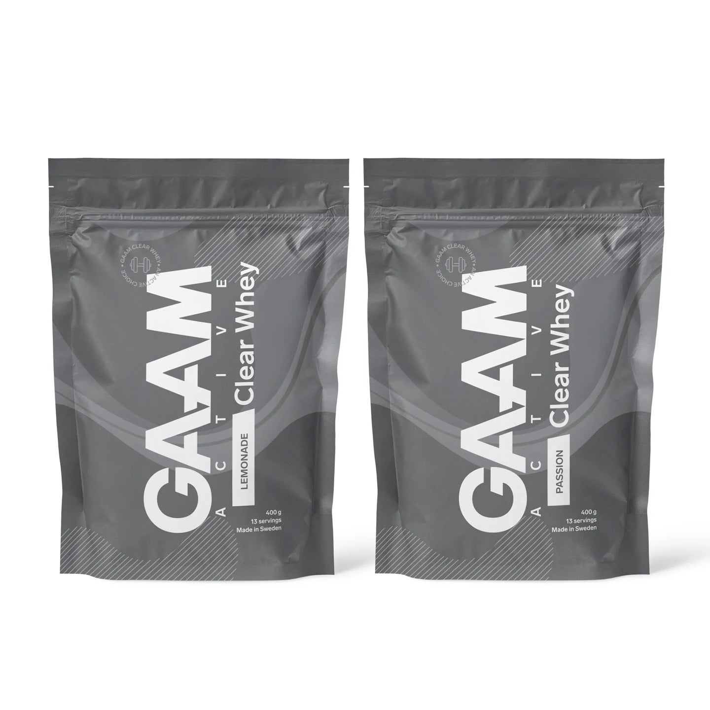 2 x GAAM Active Clear Whey proteiinijauhe 400 g kahdessa tummanharmaassa pussissa mauissa Lemonade ja Passion.