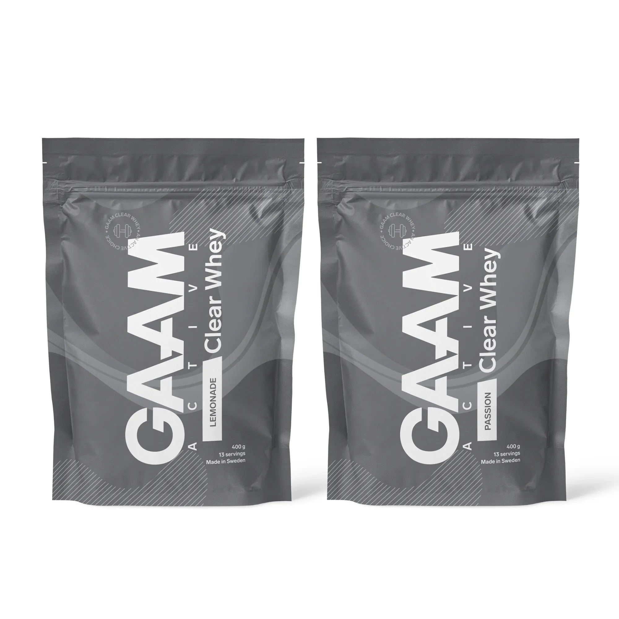 2 x GAAM Active Clear Whey proteiinijauhe 400 g kahdessa tummanharmaassa pussissa mauissa Lemonade ja Passion.