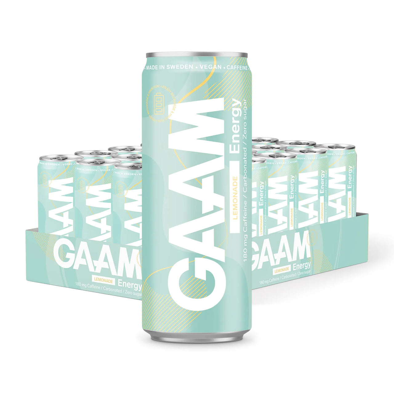 24 x GAAM Energy 330 ml Lemonade vaaleanvihreässä laatikossa, jossa on yhteensopivia tölkkejä valkoisin yksityiskohdin.