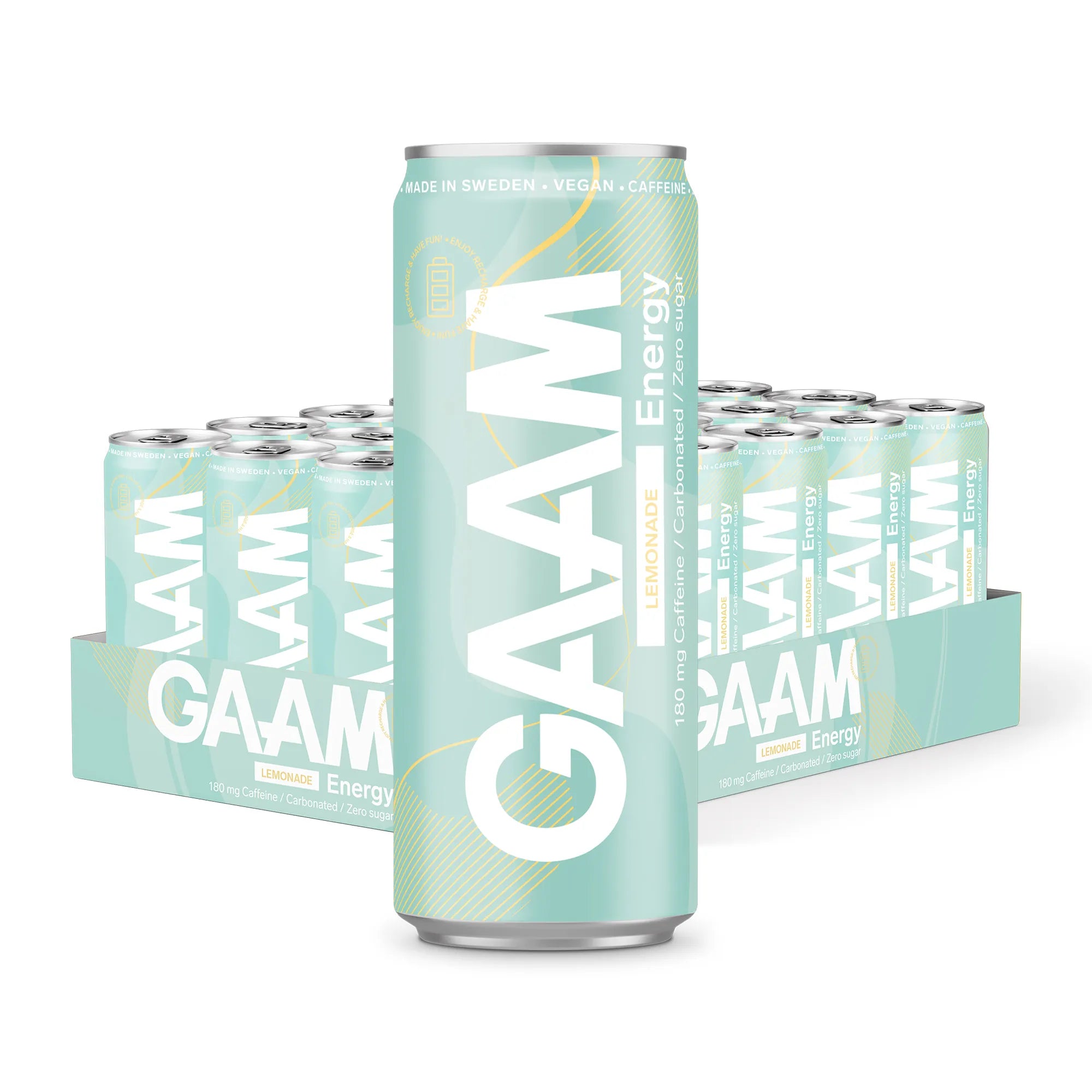 24 x GAAM Energy 330 ml Lemonade vaaleanvihreässä laatikossa, jossa on yhteensopivia tölkkejä valkoisin yksityiskohdin.