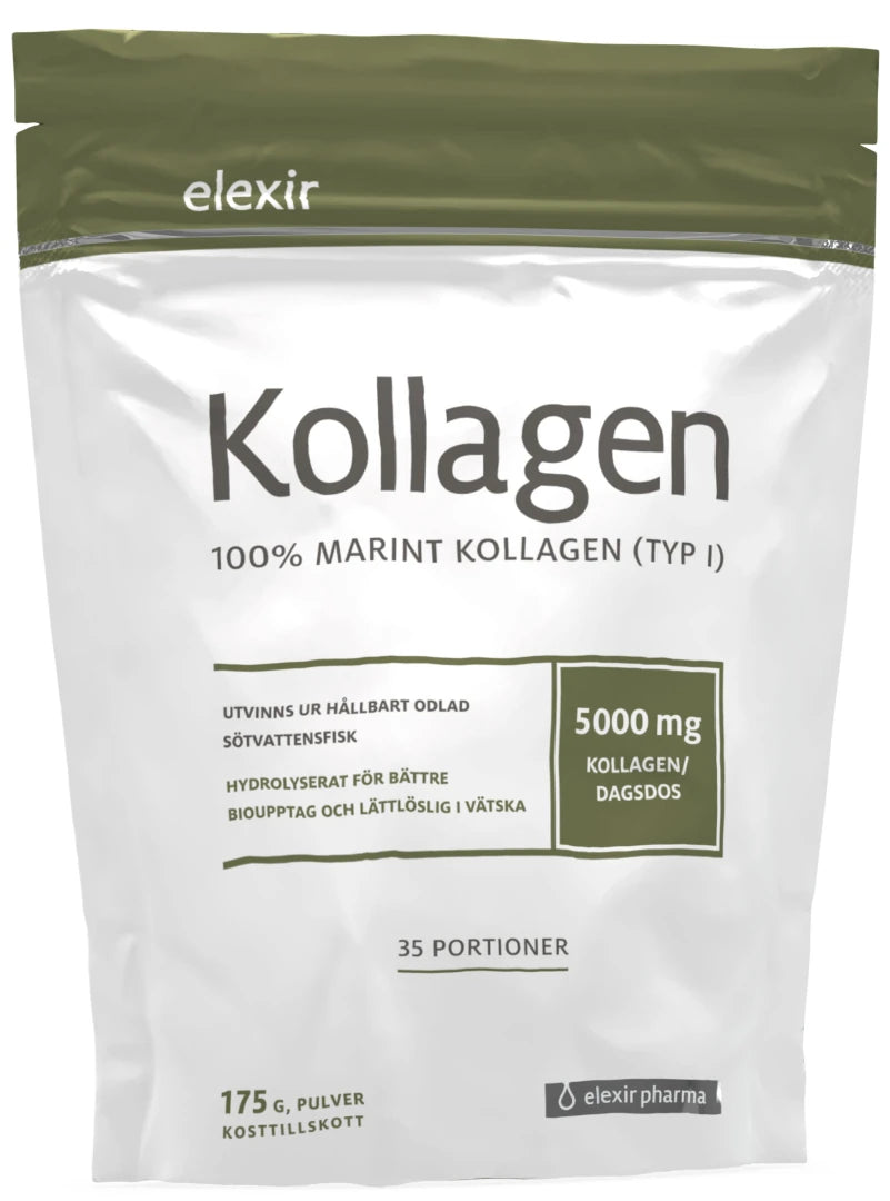 Elexir Pharma Marint Kollagen 175 g -jauhepakkaus valkoisessa pussissa, jossa on oliivinvihreitä yksityiskohtia.