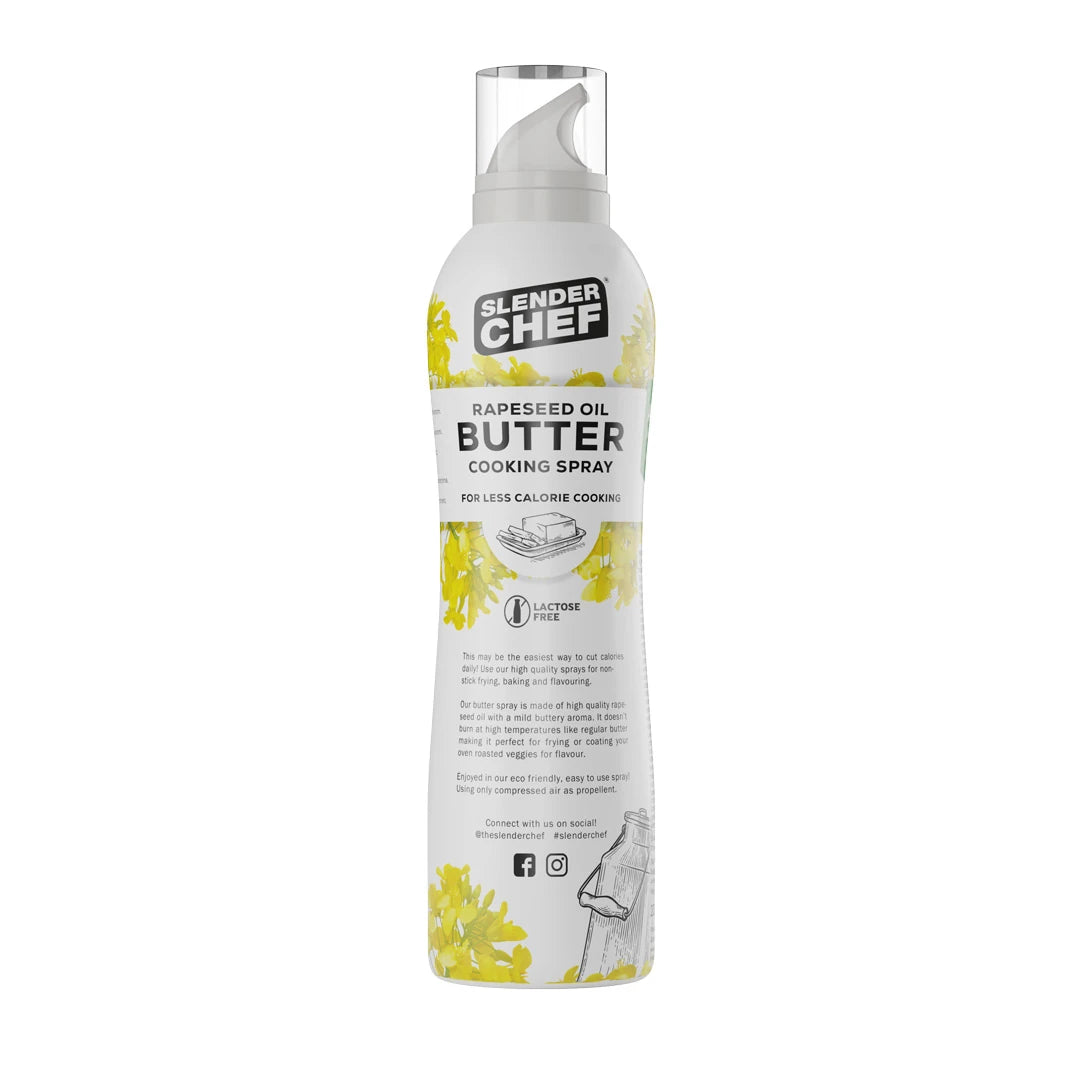 Slender Chef Cooking Spray 200 ml maussa Butter Oil, valkoinen suihkepullo keltaisilla yksityiskohdilla tasaiseen ja kätevään paistamiseen.