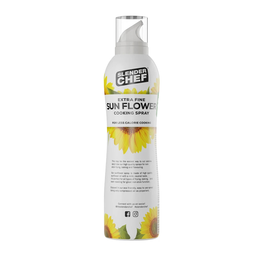 Slender Chef Cooking Spray 200 ml valkoisessa pullossa keltaisilla auringonkukilla, makuna Sunflower Oil.
