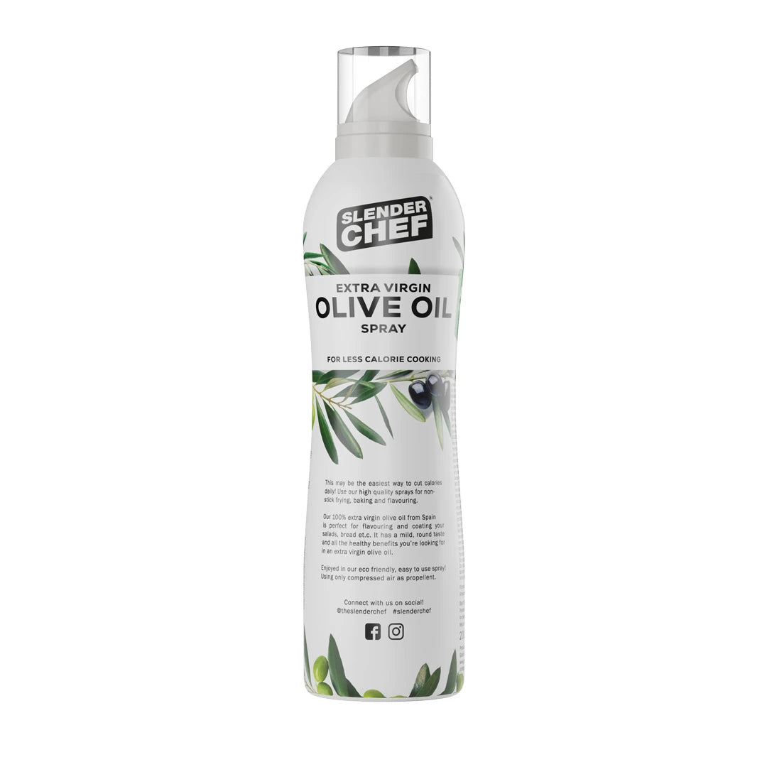 Slender Chef Cooking Spray 200 ml Olive Oil -vaihtoehto valkoisessa oliivikuvioidussa pullossa.