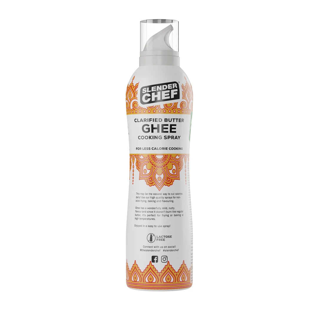 Oransseilla kuvioilla koristeltu Slender Chef Cooking Spray 200 ml -suihkepullo, makuna Clarified Butter Ghee.