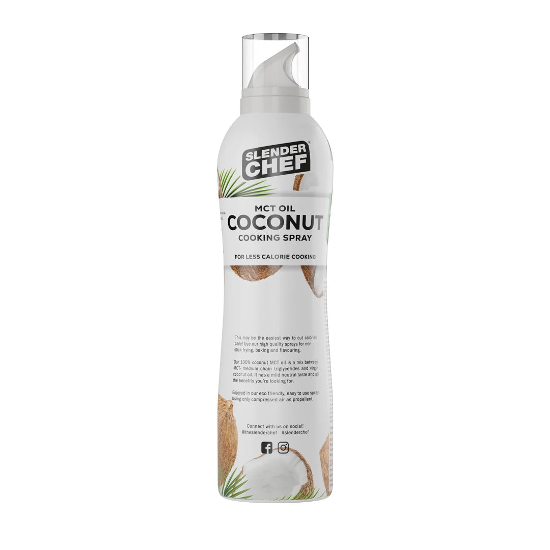 Slender Chef Cooking Spray 200 ml -ruoanlaittospray valkoisessa pullossa, makuna MCT Oil Coconut.