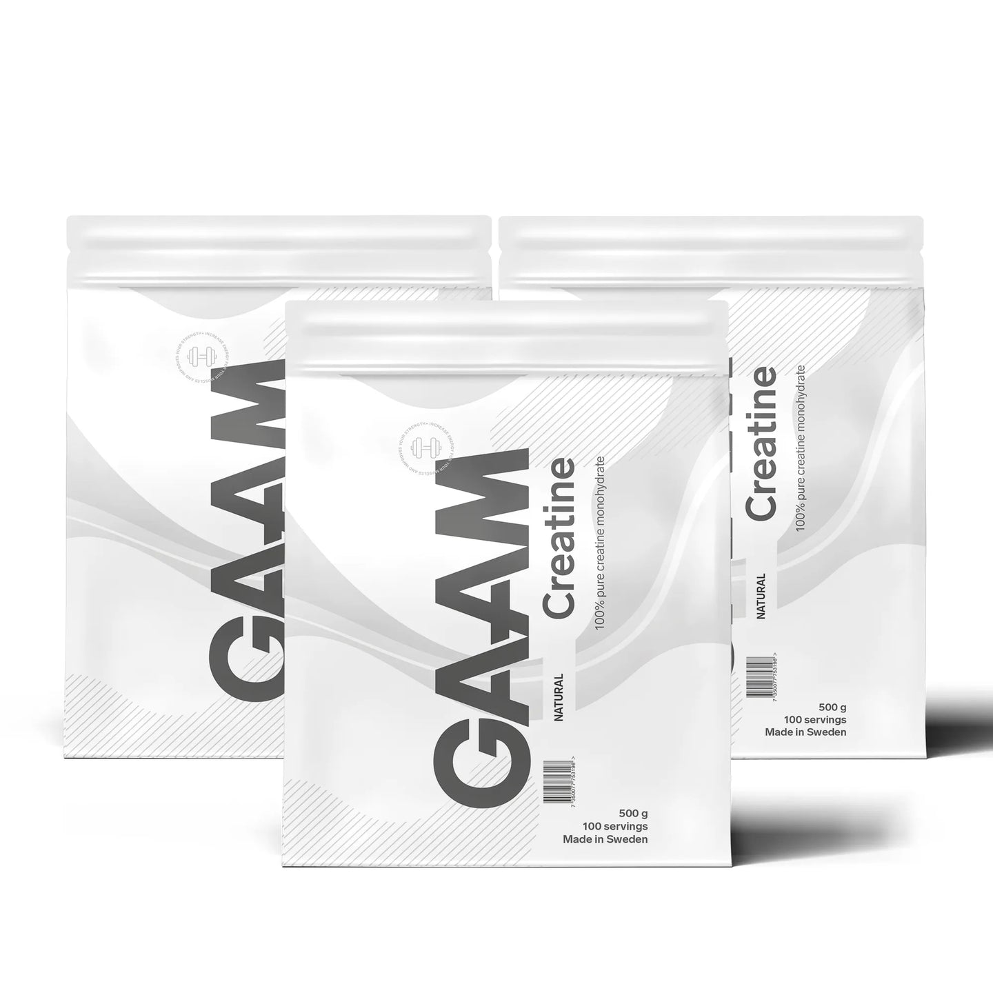 3 x GAAM Creatine Monohydrate 500 g kolmessa valkoisessa pussissa harmailla yksityiskohdilla.