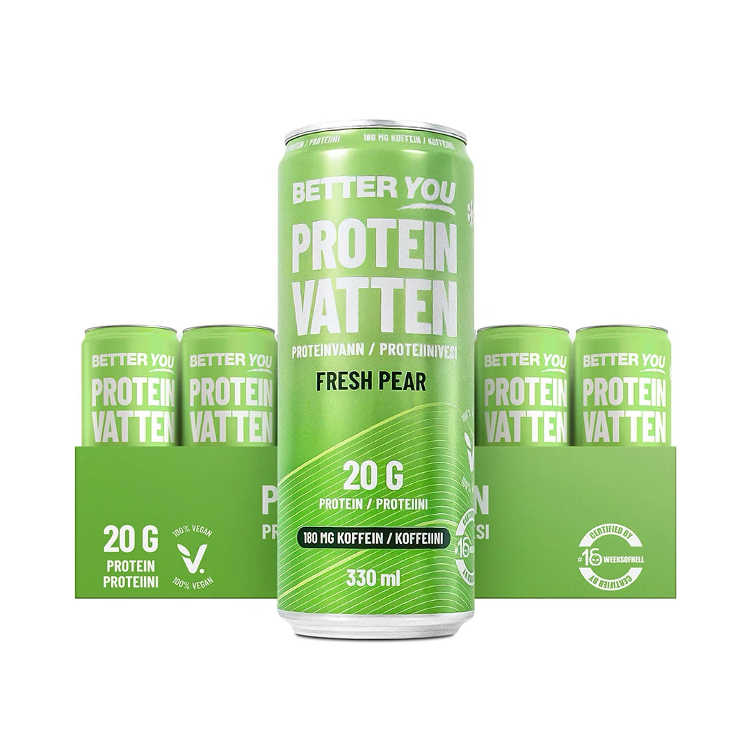 24 x Better You Proteinvatten 330 ml Fresh Pear -juomat vihreässä laatikossa vihreillä tölkeillä ja valkoisella tekstillä.