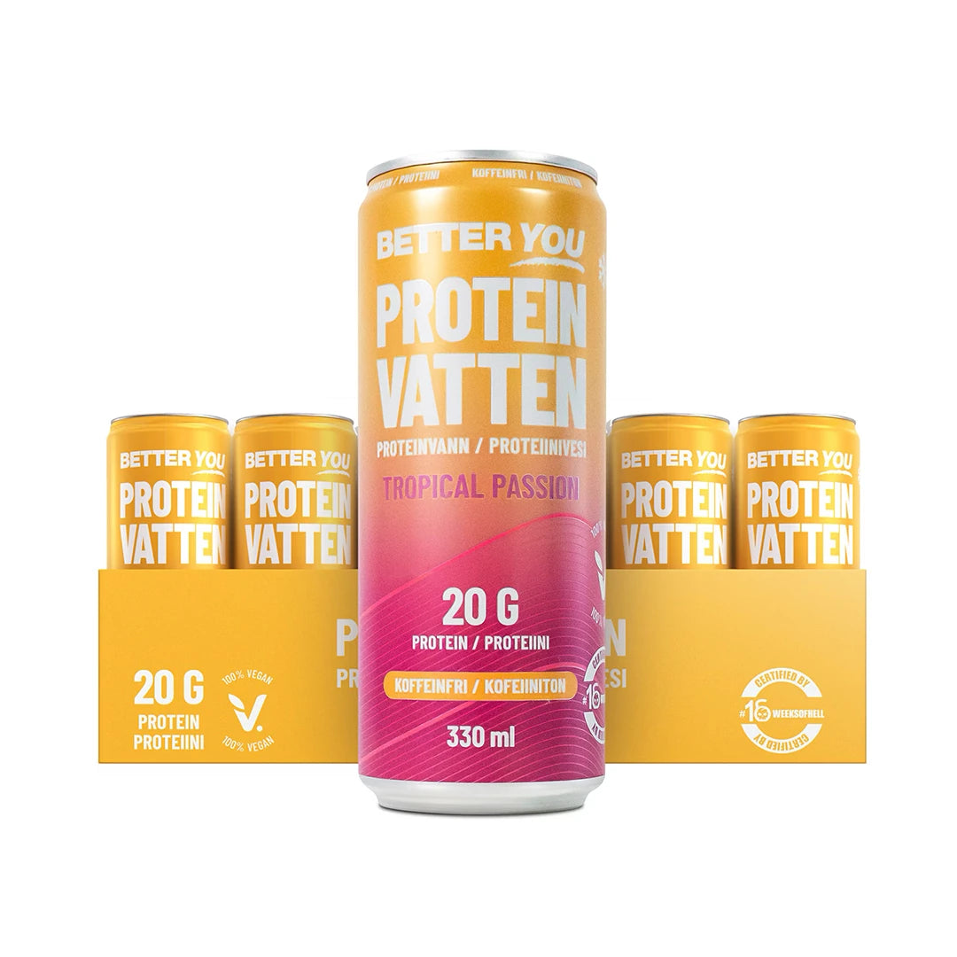 24 x Better You Proteinvatten 330 ml Tropical Passion keltaisessa laatikossa, jossa on kelta-pinkkejä tölkkejä.