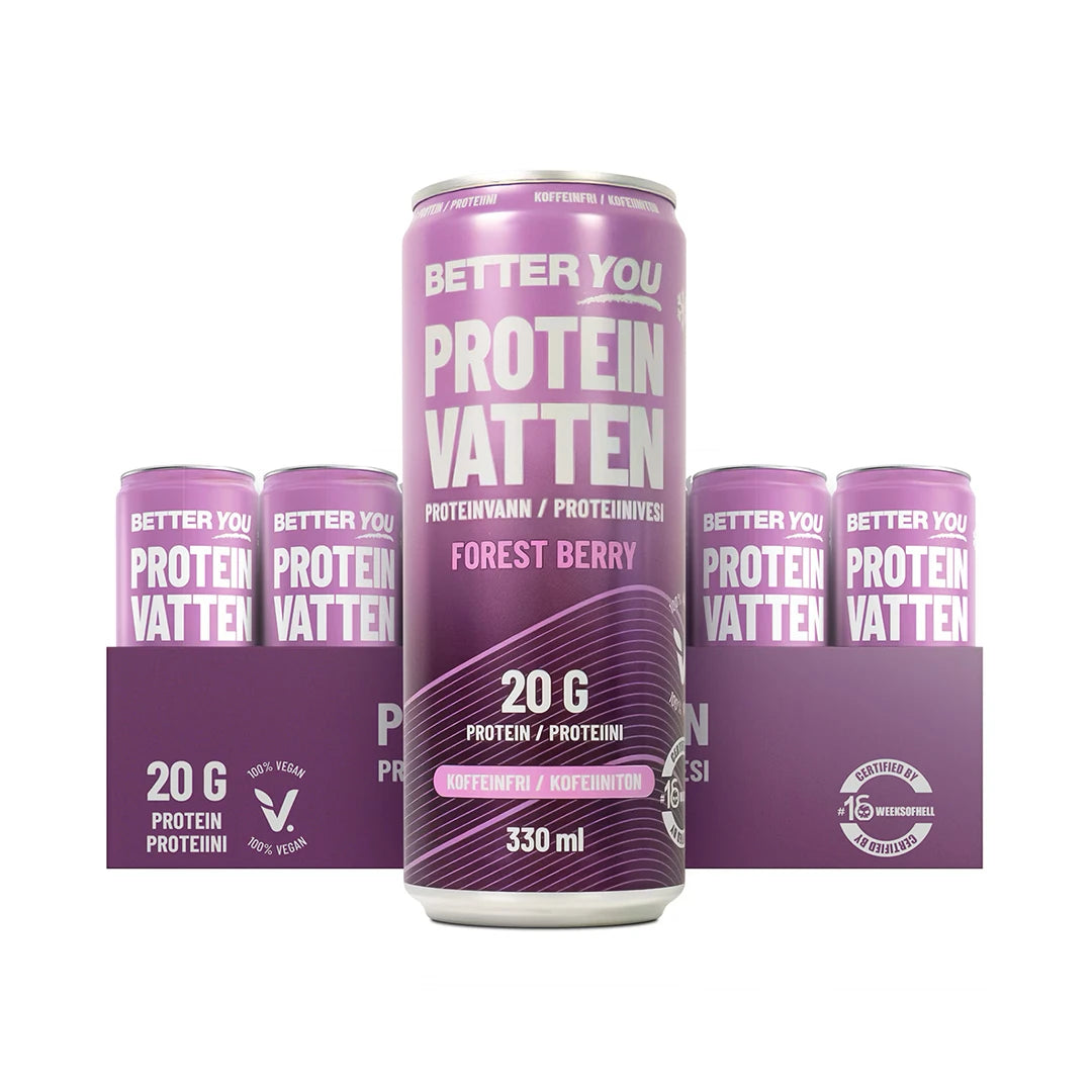 24 x Better You Proteinvatten 330 ml Forest Berry liilassa laatikossa liiloilla tölkeillä ja valkoisella tekstillä.