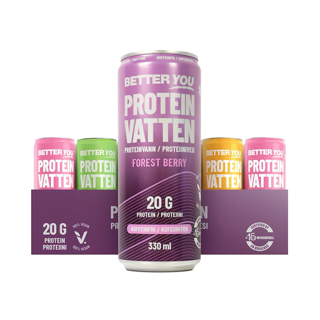 24 x Better You Proteinvatten 330 ml Mixflak lilassa laatikossa, jossa on värikkäitä tölkkejä ja Forest Berry etualalla.