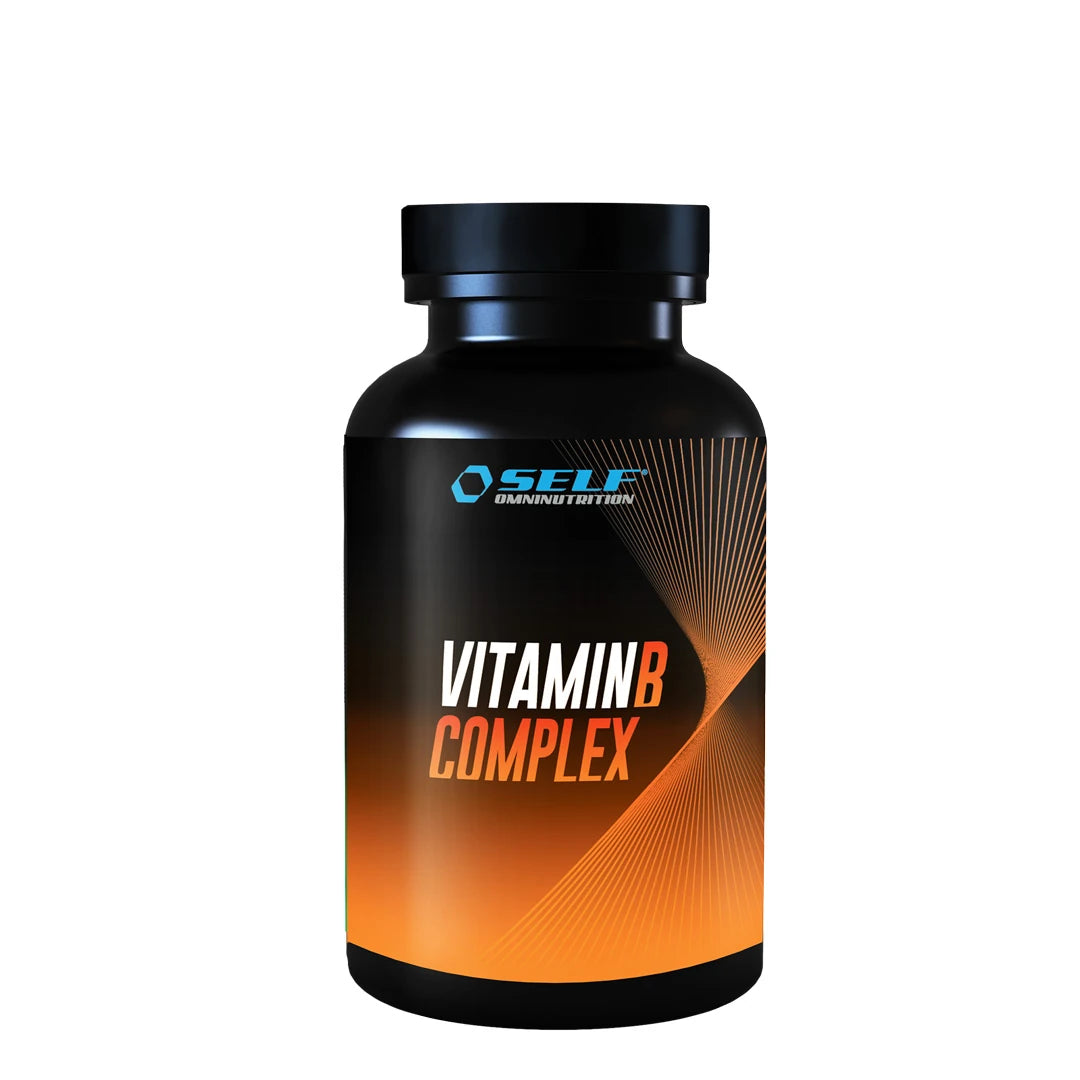 Self Omninutrition Vitamin B-Complex 60 caps -ravintolisä mustassa purkissa oransseilla ja valkoisilla yksityiskohdilla.