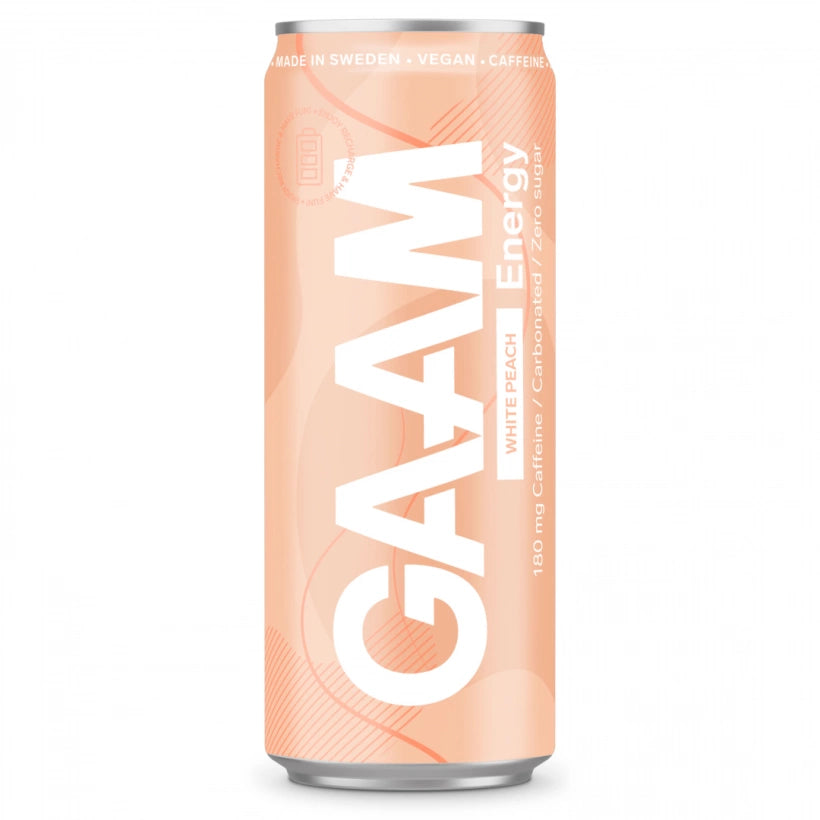 GAAM Energy 330 ml -vegaaninen energiajuoma vaaleanoranssissa tölkissä, makuna White Peach.