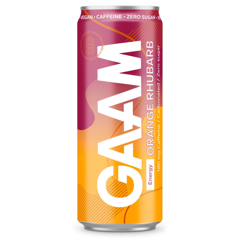 GAAM Energy 330 ml -energiajuoma makuna Orange Rhubarb, tyylikkäässä pinkki-oranssissa tölkissä.