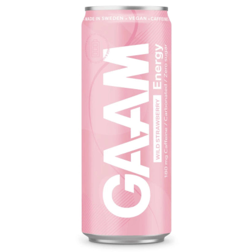 Vaaleanpunainen tölkki GAAM Energy 330 ml -vegaanista energiajuomaa, makuna Wild Strawberry.
