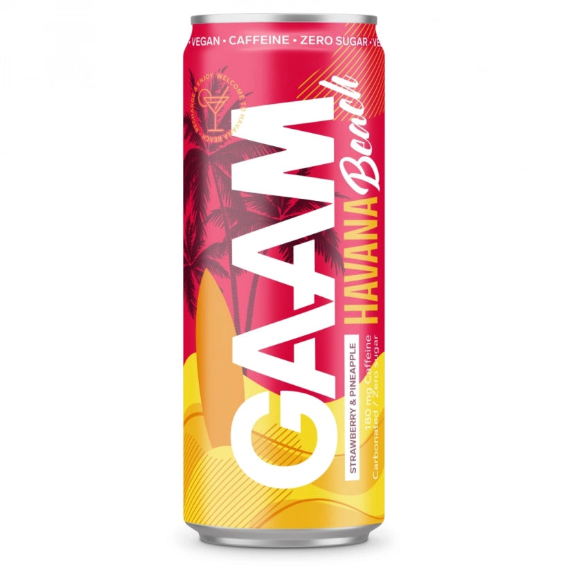 GAAM Energy 330 ml -energiajuoma värikkäässä vaaleanpunakeltaisessa tölkissä, makuna Havana Beach.