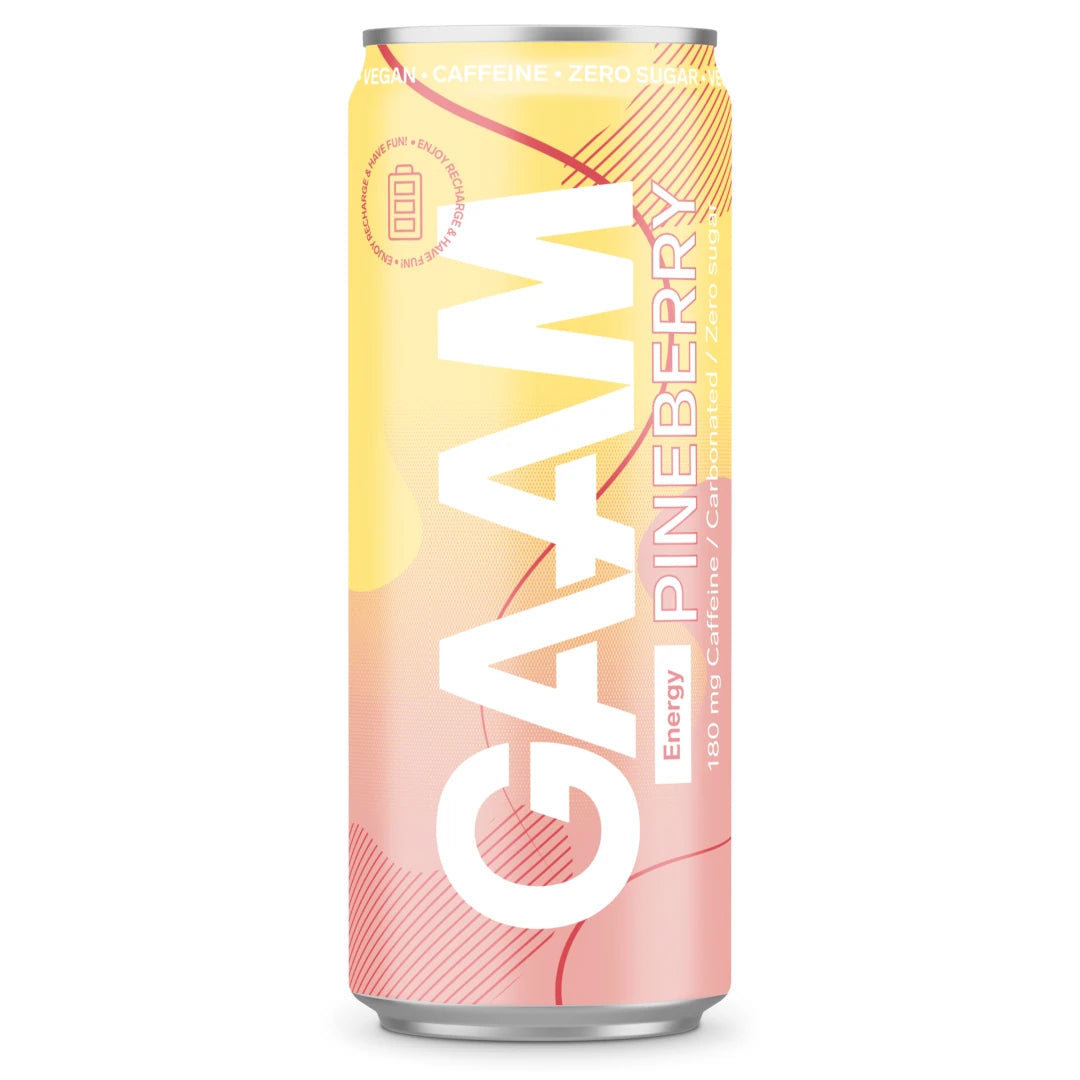 Kelta-vaaleanpunainen tölkki Pineberry-makuista GAAM Energy 330 ml -energiajuomaa.