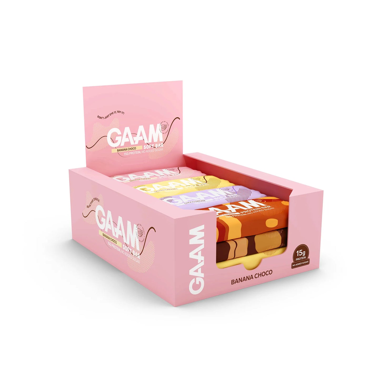 12 x GAAM Protein bar & Soft bar 45 g Mixlaatikko vaaleanpunaisessa esittelylaatikossa, jossa on värikkäitä patukoita.