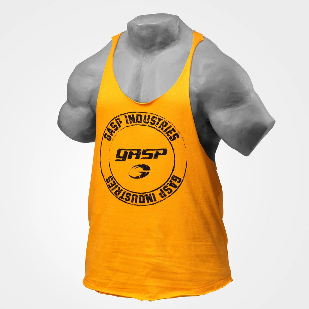 GASP Stringer Yellow, keltainen puuvillainen treenitoppi löysällä istuvuudella ja suurella mustalla GASP-logolla rinnassa.